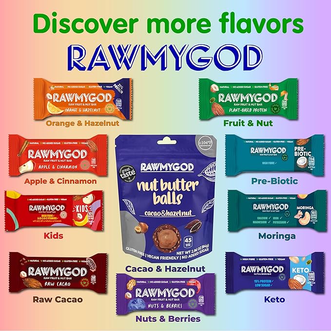 RAWMYGOD Fruit and Nut Bars, Gluten Free, Vegan, No Added Sugar (16 bars, Nuts & Berries)