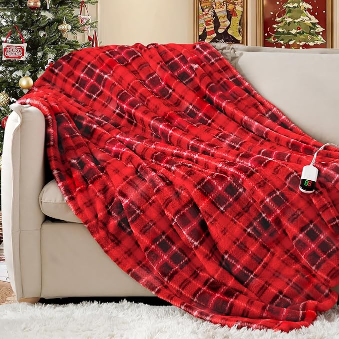MAXEVE Heated Electric Blanket, 50"x60" Faux Fur Fast Heating Throw Blankets with 8 Heating Levels & 8 Hours Auto Off with Over-Heat Protection & ETL Certified, Plaid Red