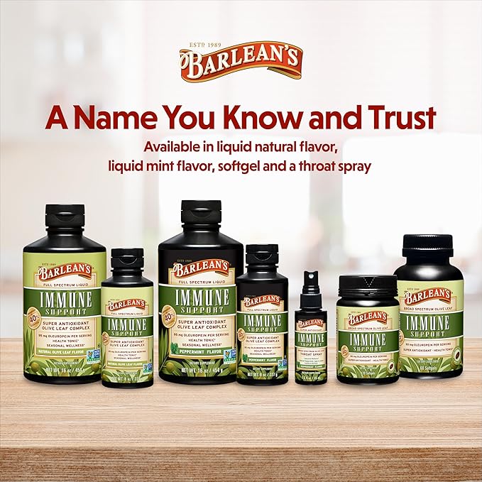 Barlean's Peppermint Olive Leaf Complex Liquid Immune Support Supplement, 95mg Oleuropein Antioxidants, 8 oz