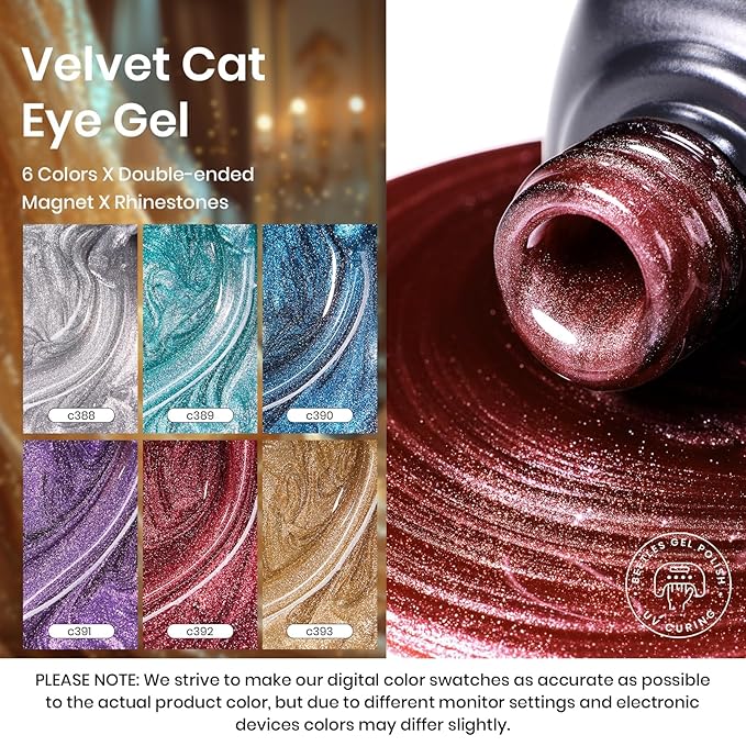 Beetles Cat Eye Gel Nail Polish Set - 6 Colors Glitter Gel Polish Burgundy Red Silver Blue Purple Green Gold Magnetic Cat Eye Holographic Effect Soak Off UV Velvet Nail Art Salon DIY Gift for Women