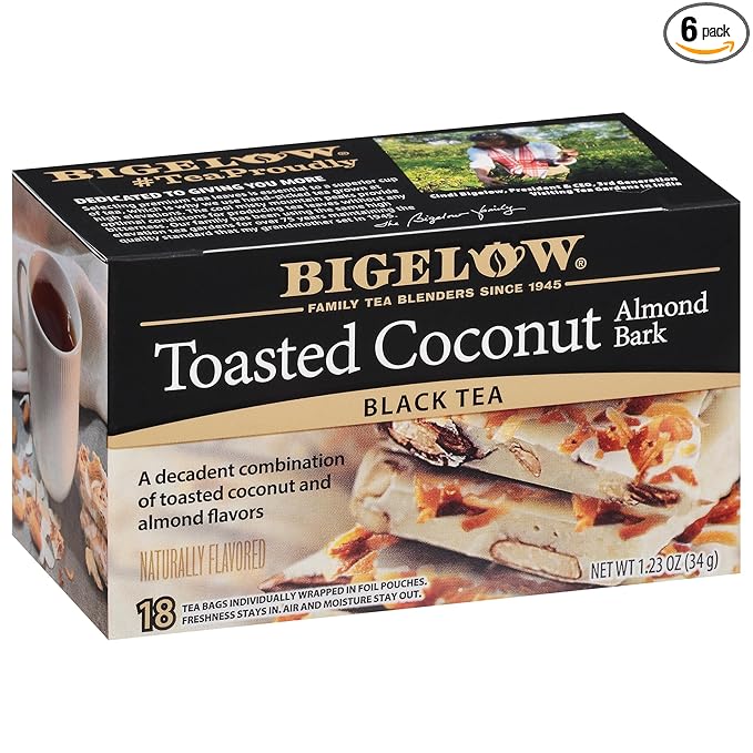 Bigelow Tea Toasted Coconut Almond Bark Black Tea, Caffeinated Tea with Coconut and Almond, 18 Count Box (Pack of 6), 108 Total Tea Bags