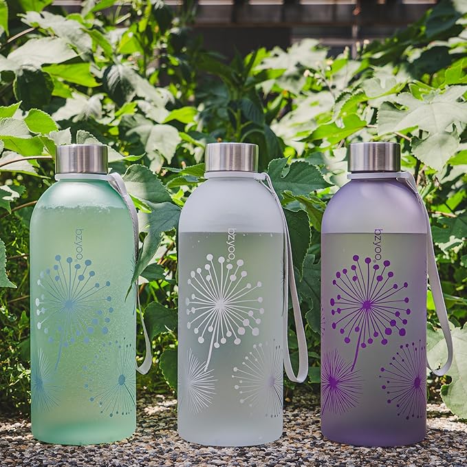 bzyoo 32oz 1 Liter Clear Water Bottle with Time Marker, Dandelion Design, Durable Plastic, BPA-Free, Reusable with Measurement Markings for Fitness and Outdoor Activities (Color: Green)
