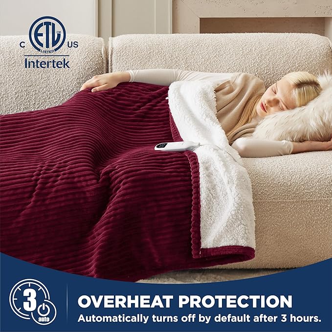 Bedsure GentleSoft Heated Blanket Throw - Soft Ribbed Flannel Electric Blanket, Heating with 4 Time Settings, 6 Heat Settings, and 3 hrs Timer Auto Shut Off, Gifts for Grandma (50x60 inches, Burgundy)
