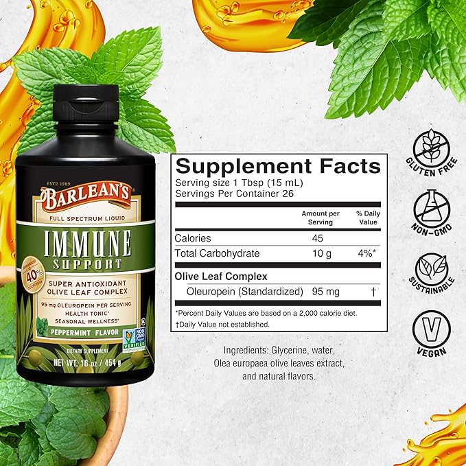 Barlean's Peppermint Olive Leaf Complex Liquid Immune Support Supplement, 95mg Oleuropein Antioxidants, 16 oz