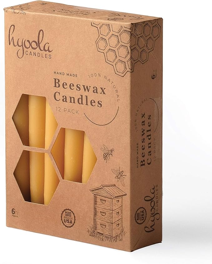 Hyoola 6 Inch Beeswax Taper Candles 12 Pack - Handmade, All Natural, 100% Pure Unscented Bee Wax Candle - Tall, Decorative, Golden Yellow - 6 Hour Burn Time