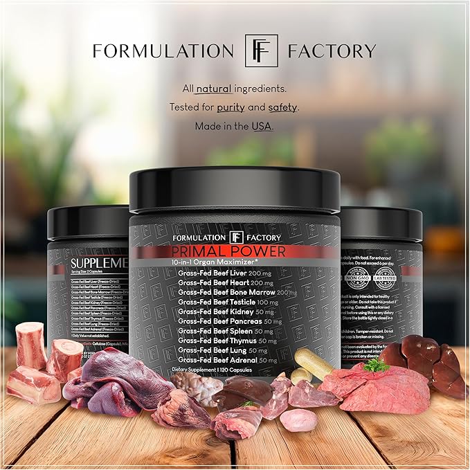 Formulation Factory Primal Power 10-in-1 Grass-Fed Organ Supplement with Beef Liver, Heart, Marrow, Testicle, Kidney, Supports Vitality, Hormones, Energy, Immunity (4 Month Supply, 240 Capsules)