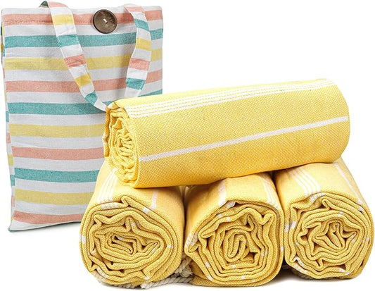 HILLFAIR Cotton Turkish Beach Towels, Quick Dry Lightweight Sand Free Peshtemal Towel for Bath Swim Yoga Spa Travel, Beach Accessories, Oversized Cotton Turkish Towels (39 x 72 inch- 4 Pack Yellow)