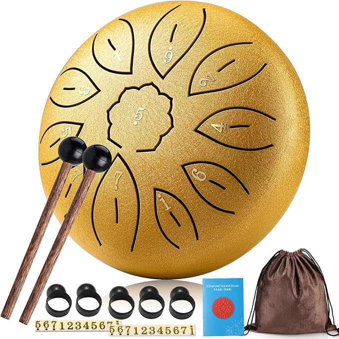 Facmogu 6 Inches 11 Notes Steel Tongue Drum, Handpan Drum Sound Healing Instruments for Meditation, Musical Education, Yoga, Zen, Hand Drum with Bag Mallets Finger Picks Music Book Stickers - Gold