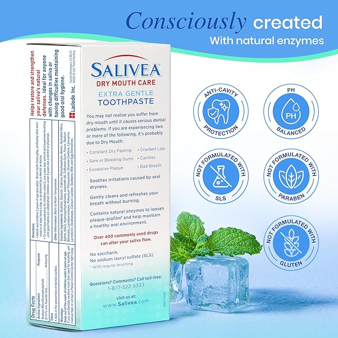 SALIVEA Gentle Toothpaste for Dry Mouth Care, 4.3 oz Tube, Anticavity with Fluoride, Natural Salivary Enzymes, Vitamin E & Aloe Vera, Cleans, Moisturizes & Refreshes Breath, Soothing Mint Flavor