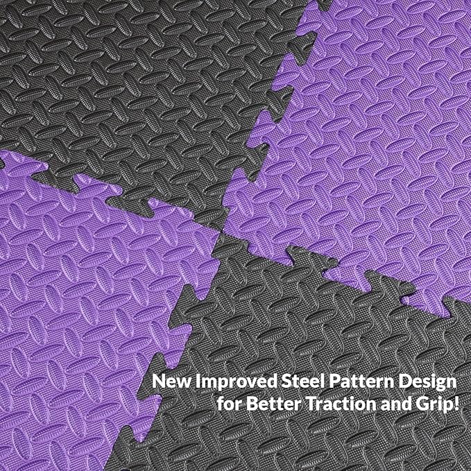 Xspec 1" Extra Thick 48 sq ft Reversible EVA Gym Foam Floor Mat Tiles (24" x 24"), Steel Pattern, 12 pcs, Black/Purple