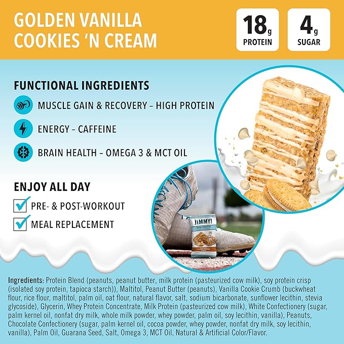 JiMMYBAR! - Golden Vanilla Cookies 'N Cream - 18g Protein Bars - Low 4g Sugar - 12 Count - Real Peanut Butter Base with Hand-Drizzled Chocolate 58g Protein Bar - Functional Meal Replacement Bars