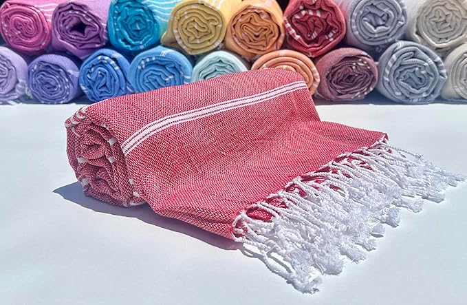 Turkish Beach Towel 100% Organic Cotton Extra Large Oversized (39 x 71 Inches) Quick Dry Sand Free Light Weight Prewashed for Bath Beach Gym Yoga Travel Towel Blanket (Red)