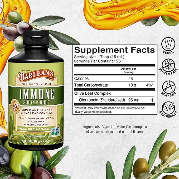 Barlean's Olive Leaf Complex Liquid Immune Support Supplement with 95mg Oleuropein Antioxidants for Seasonal Wellness, Heart Health, & Immune System Booster, 16 Ounce