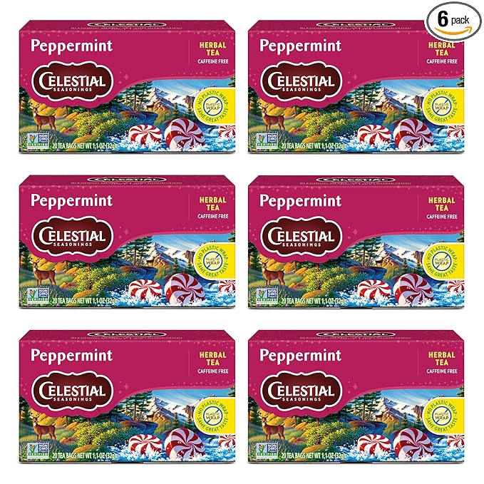 Celestial Seasonings Peppermint Herbal Tea, Caffeine Free, 20 Tea Bags Box (Pack of 6)