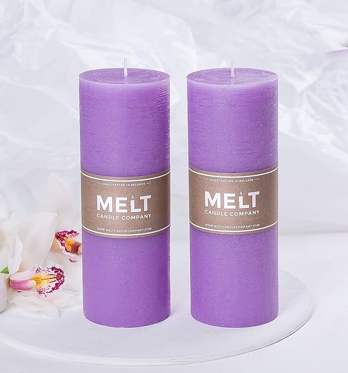 Set of 2 Pillar Candles 3" x 8" Unscented Handpoured Weddings, Home Decoration, Restaurants, Spa, Church Smokeless Cotton Wick - Lilac