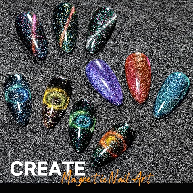 MIZHSE Cat Eye Gel Nail Polish 10 Colors, Glitter Magnetic Gel Polish Set with Magnet Stick, Holographic Galaxy Effect Cat Eye Nail Polish Soak Off Nail Art Manicure Kit Gift for Women