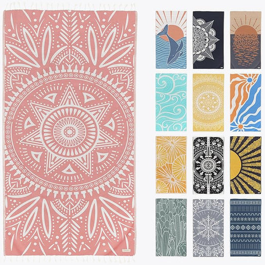 FESHKA Sand Free Turkish Beach Towel (37 x 67) Quick Dry Bath Towel, Oversized Beach Blanket, Lightweight for Travel - Made with 100% Organic Turkish Cotton - Lovesong (Pink)