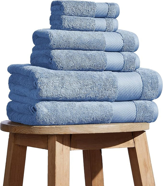 BIOWEAVES 100% Organic Cotton 700 GSM Plush 6-Piece Towel Set GOTS Certified, 2 Bath Towels, 2 Hand Towels & 2 Washcloths - Cerulean Blue
