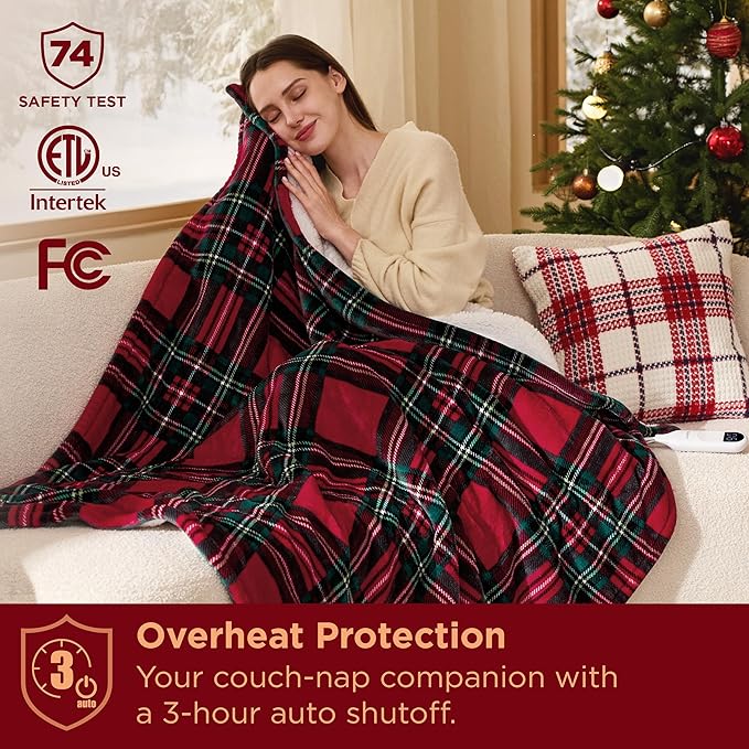 Bedsure Plaid Heated Throw Blanket - Flannel Sherpa Electric Blanket with Plaid Pattern, for Grandma, Heating with 6 Heating Levels, 4 Time Settings, 3-Hour Auto-Off (Red, 50"x60")