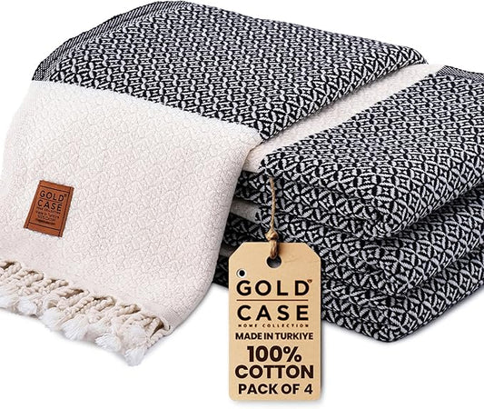 Gold CASE Turkish Beach Towel Set of 4 – 100% Cotton Large Turkish Bath Towels 67 x 38'' – Aphrodite Extra Large, Quick Dry & Sand Free Towels – Peshtemal for Pool – Black