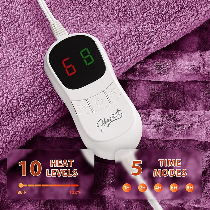 Homemate Electric Heated Blanket Twin Size - 62"x84" Heating Blanket Twin Size 1/2/4/6/8 Hours Auto-Off 10 Heat Level Over-Heat Protection Luxury Faux Fur Sherpa ETL Certification