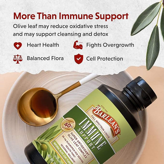 Barlean's Olive Leaf Complex Liquid Immune Support Supplement, 95mg Oleuropein Antioxidants, 8 oz