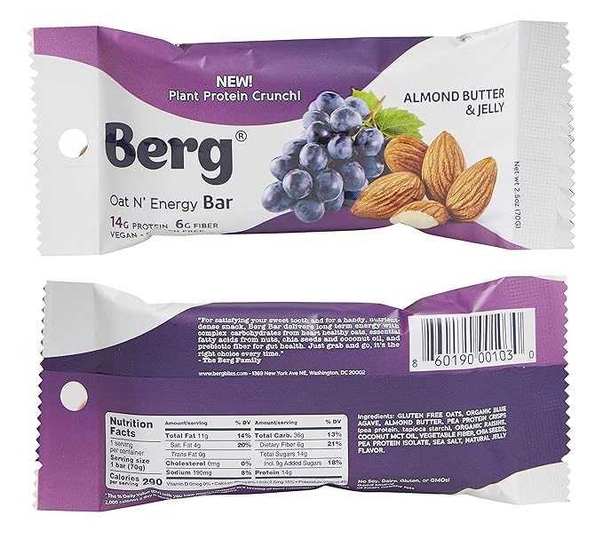 Berg Oat N' Energy Bar | Variety Pack | Plant Based Protein Bar | Non-GMO, Gluten Free, Nut Free and Vegan | Low Sugar, Healthy Snack Bar | High Fiber | On The Go | 2.5oz (8 Packs)