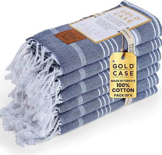 Gold CASE Turkish Hand Towels for Bathroom Set of 6 – 20 x 40'' – 100% Cotton Bathroom Hand Towels – LYCIA Towel for Spa, Face, Tea & Dishcloth – Decorative Cloth – Navy Blue