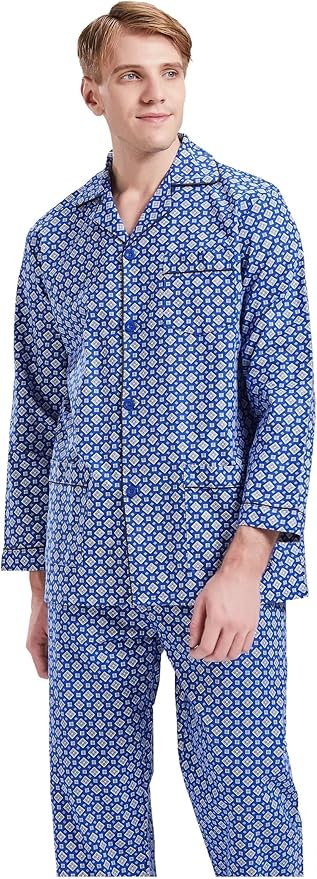 GLOBAL Men's Pajamas Sets 100% Cotton Flannel Sleepwear Long-Sleeve top & Bottom