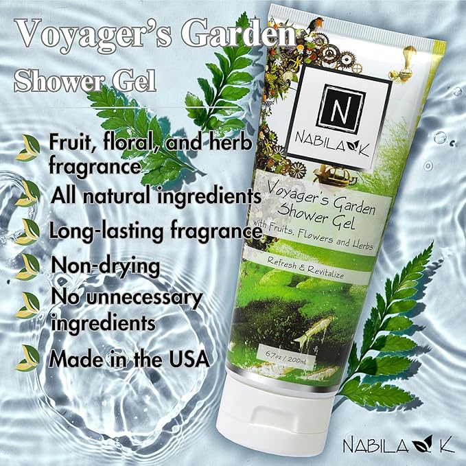 Nabila K Voyager’s Garden Shower Gel Refreshing Body Wash with Fruits, Flowers & Herbs, 6.7 oz - Naturally Derived, Sulfate-Free, Paraben-Free - Made in the USA