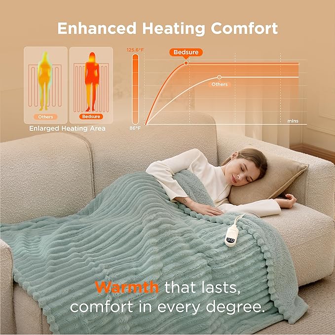 Bedsure Heated Blanket Electric Throw - Thick Striped Flannel Electric Blanket, Heating with 4 Time Settings, 6 Heat Settings, and 3-Hour Timer Auto Shut Off, Gift for Grandma (50x60 inches, Green)
