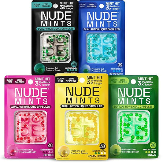 NUDE MINTS | Dual Action Liquid Capsules | Mouth Watering Mint - Lasts 3X Longer - 3X Stronger - Extreme Bad Breath Treatment For Adults - Sugar Free, 0 Calorie - Variety - 5 Pack - 150 Capsules