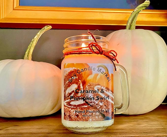 Soy Scented Candles | Handmade & Highly Aromatic Candles Burns Upto 85 Hours in Glass Jar - Perfect for Home Decor, Wedding, Birthday, Dinner (Caramel Pumpkin Swirl, 16 oz)