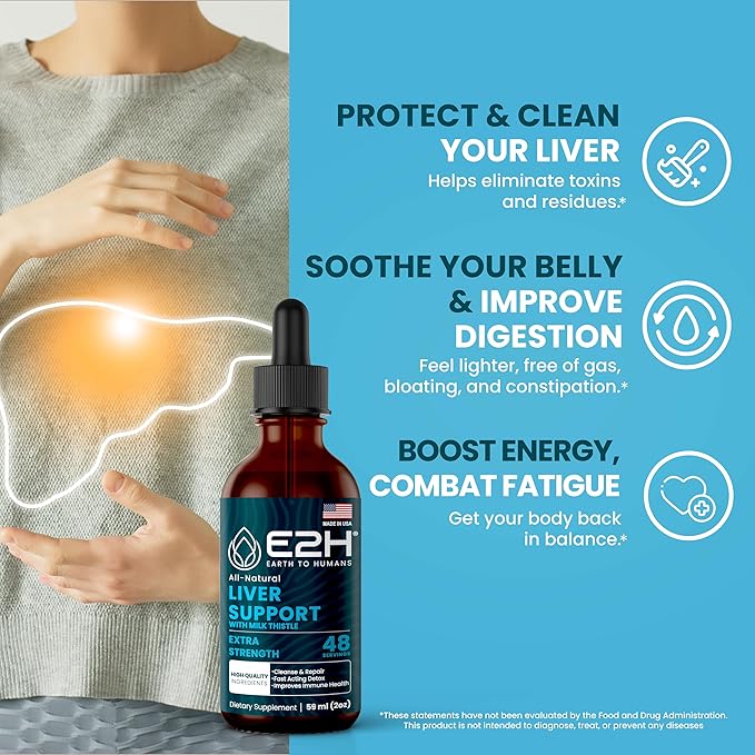 E2H Liver Support Supplement with Milk Thistle - Liver Health Formula - Artichoke Extract, Dandelion Root, Chanca Piedra, and More - Absorbent Liquid Formula (2 Bottles)