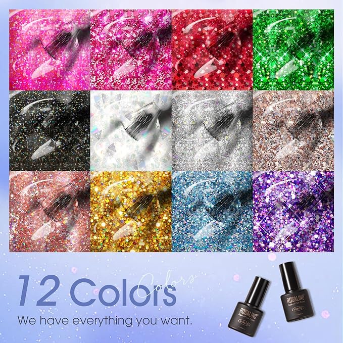 ROSALIND Glitter Christmas Gel Nail Polish, 12 Colors Red Sparkle Green Glitter Gold Silver Gel Polish Sparkly Hot Pink Winter Nail Polish Collection for Nail Art Gift Need UV Curing