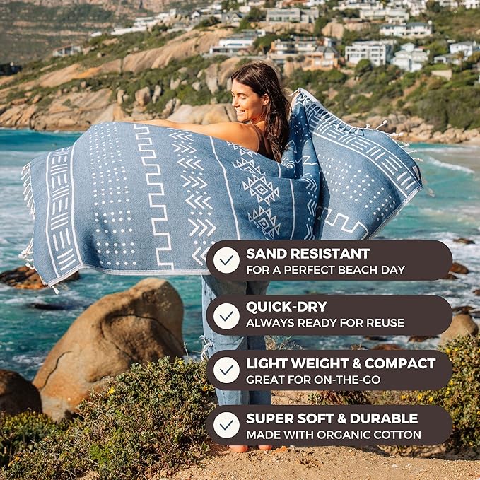 FESHKA Sand Proof Turkish Beach Towel – Oversized, Quick Dry & Lightweight Travel Towel - 100% Organic Cotton Beach Blanket - Perfect for Bath, Pool & Picnic | Pathfinder (Dark Blue)