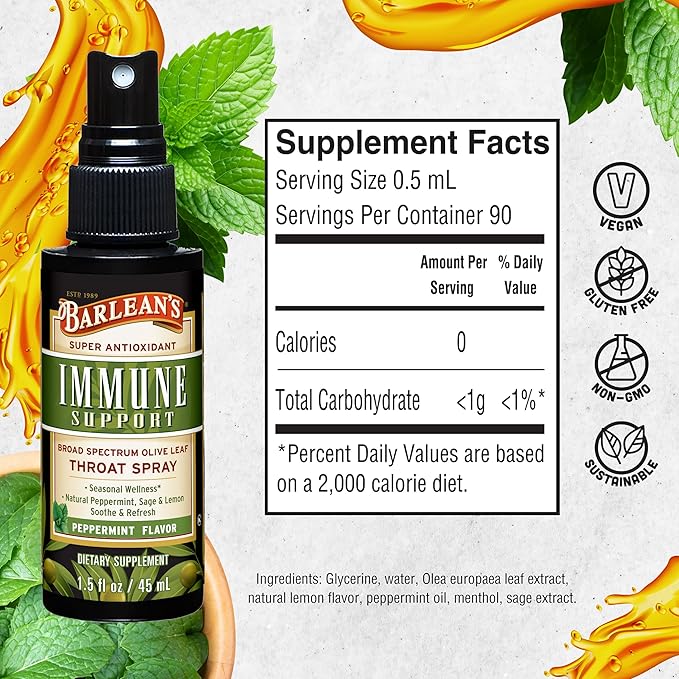 Barlean's 2 Pack Olive Leaf Complex Throat Spray with Peppermint, Lemon, and Sage for Itchy Throat Relief, Immune Support Supplement, Liquid Blended Extract, 1.5 oz