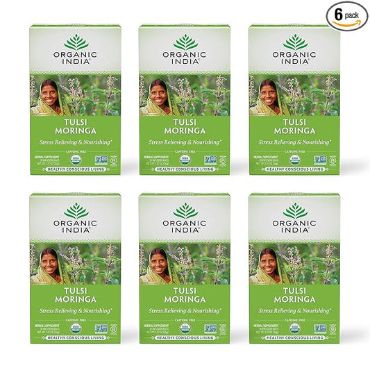 ORGANIC INDIA Tulsi Moringa Tea Bags - Holy Basil, Lemongrass, Moringa Leaves, Stress Relieving & Nourishing, Immune Support Tea, Vegan, Certified Organic, Caffeine-Free - 18 Infusion Bags, 6 Pack