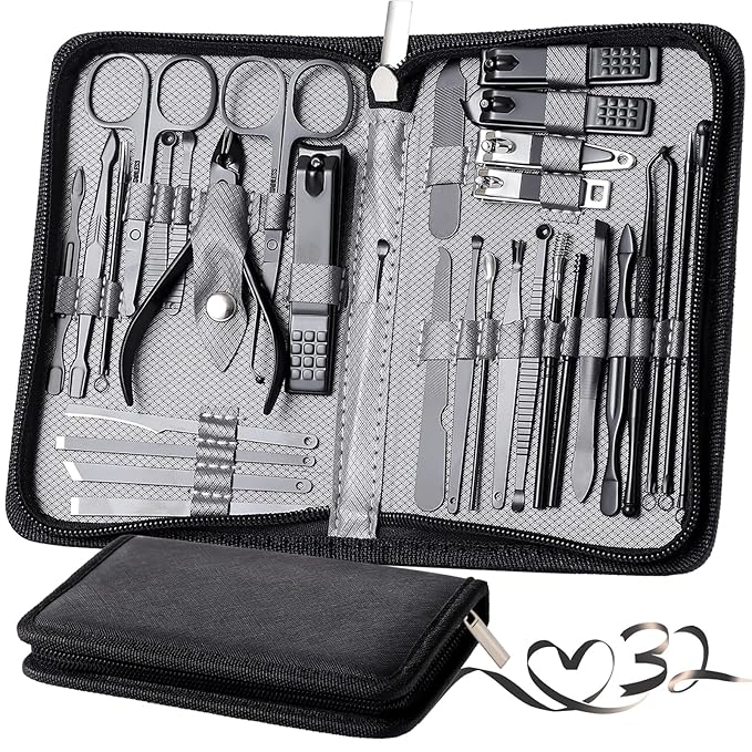 Manicure Set Pedicure Kit Womens Nail Clippers Set 32 in 1 Professional Grooming Care Tools Nail Kit Including Facial, Fingernails and Toenails Care with Travel Case Women (Gray_32 in 1)