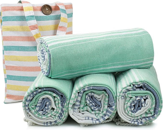 HILLFAIR Cotton Turkish Beach Towels, Quick Dry Lightweight Sand Free Peshtemal Towel for Bath Swim Yoga Spa Travel, Beach Accessories, Oversized Cotton Turkish Towels (39 x 72 inch- 4 Pack Mint Blue)