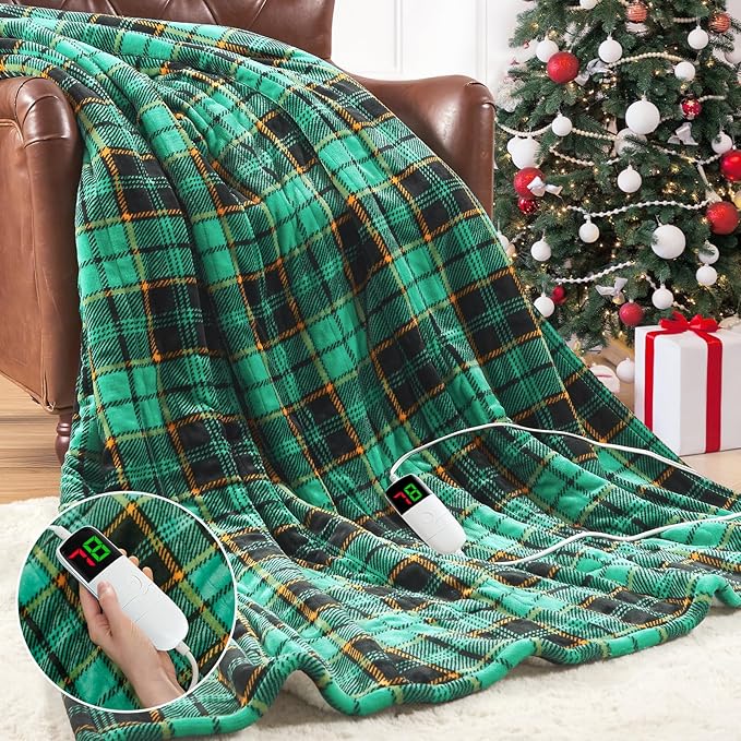 Heated Electric Blanket Full Size,72X84 Heating Blanket with 10 Heats Levels&8 Hours Auto Off&Timer,green Plaid Soft Cozy Sherpa Blankets Warmer Gifts for Grandma Women Adult,Fast Heating Washable,ETL