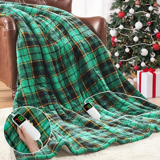 Green Heated Blanket Electric Throw 50X60, Heating Blanket for Couch, Plaid Sherpa Winter Blankets Warmer, 10 Levels & 8-Hour Auto Off, Fast Heated House Warming Gifts New Home Christmas Decor for Mom