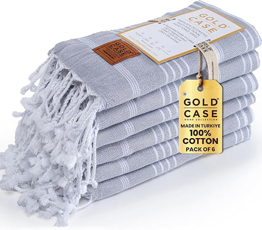 Gold CASE Turkish Hand Towels for Bathroom Set of 6 – 20 x 40'' – 100% Cotton Bathroom Hand Towels – LYCIA Towel for Spa, Face, Tea & Dishcloth – Decorative Cloth – Grey