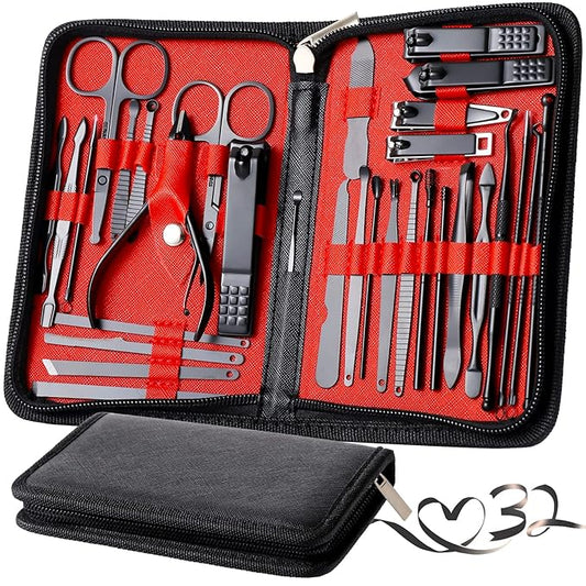 Manicure Set Pedicure Kit Womens Nail Clippers Set 32 in 1 Professional Grooming Care Tools Nail Kit Including Facial, Fingernails and Toenails Care with Travel Case Women (Wine-colored 32 in 1)