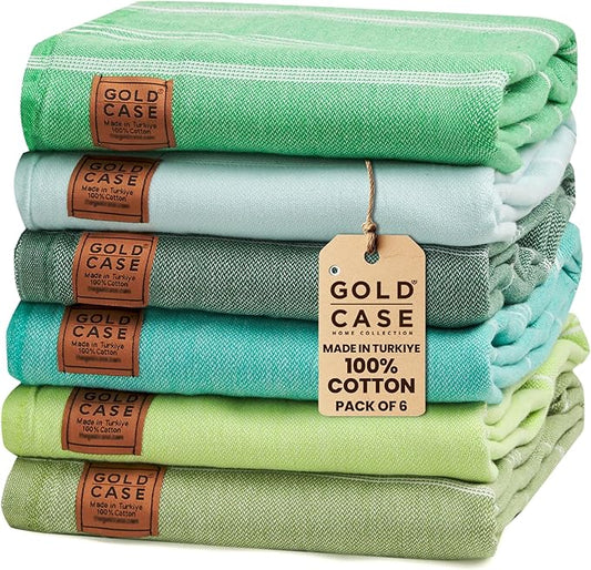 Gold CASE LYCIA Turkish Beach Towel Set of 6 – 100% Cotton Turkish Beach Towels Bulk 70 x 38'' – LYCIA Oversized, Quick Dry & Sand Free Beach Towel – Lightweight Towels Set in Tones of Green