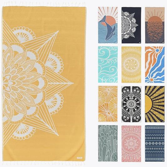 FESHKA Sand Proof Turkish Beach Towel – Oversized, Quick Dry & Lightweight Travel Towel - 100% Organic Cotton Beach Blanket - Perfect for Bath, Pool & Picnic | Frozen (Yellow)