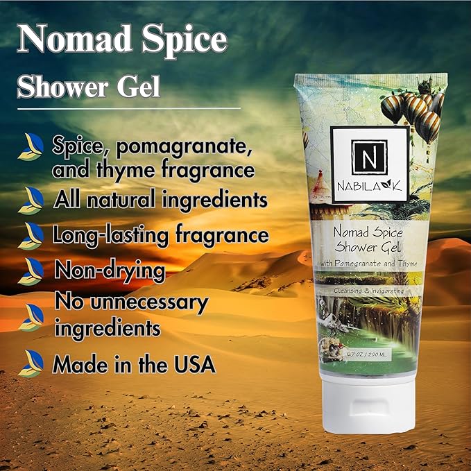 Nabila K Nomad Spice Shower Gel, Travel Size Refreshing Body Wash with Pomegranate & Thyme, 1 oz - Naturally Derived, Sulfate-Free, Paraben-Free - Made in the USA