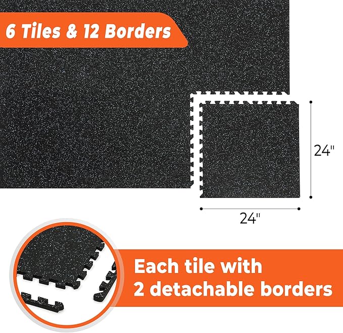 SUPERJARE 0.4'' Thick 6 Pcs 24 Sq Ft Rubber Top Exercise Equipment Mats, High Density EVA Foam Mats with Rubber Top, Interlocking Gym Flooring for Home Gym, Protective Workout Mat, Black/Blue