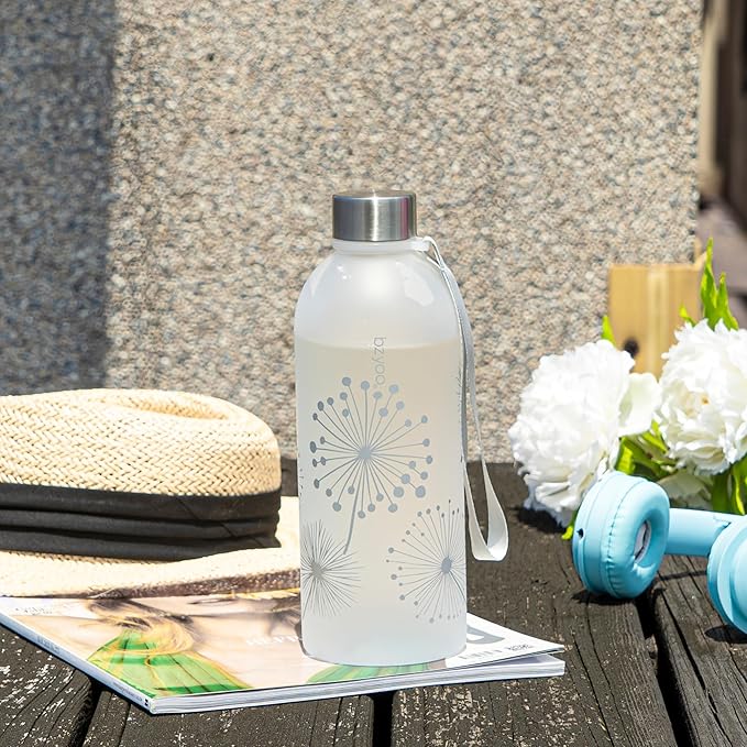 bzyoo 32oz 1 Liter Clear Water Bottle with Time Marker, Dandelion Design, Durable Plastic, BPA-Free, Reusable with Measurement Markings for Fitness and Outdoor Activities (Color: Silver)