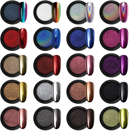Artdone 20 Jars Chrome Nail Powder Set Metallic Mirror Effect Holographic Aurora Chameleon Pigment 1g/Jar for Nail Art Glitters Gel Polish Supply Mermaid Unicorn Kit
